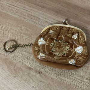 Vintage Italian Leather Elegant Brown and Gold Patterned Clutch Wristlet